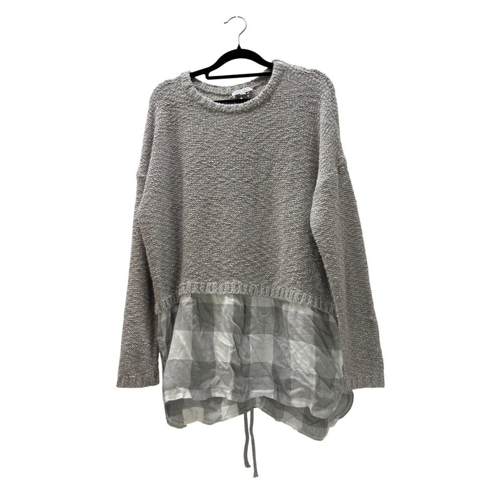 Sweet Salt Gray Knit Sweater Buffalo Plaid Hem Lace Up Back Modest Large